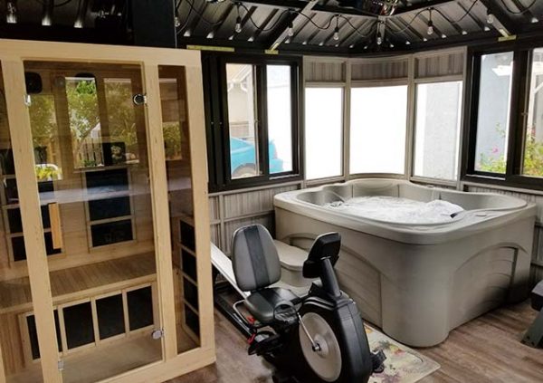 Colorado gazebo with exercise machine and hot tub