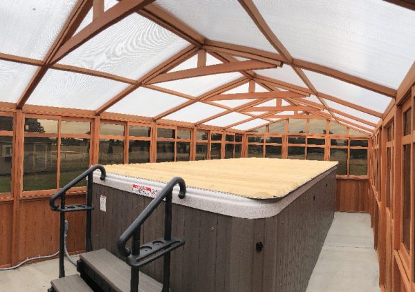 inside view of a gazebo with hot tub